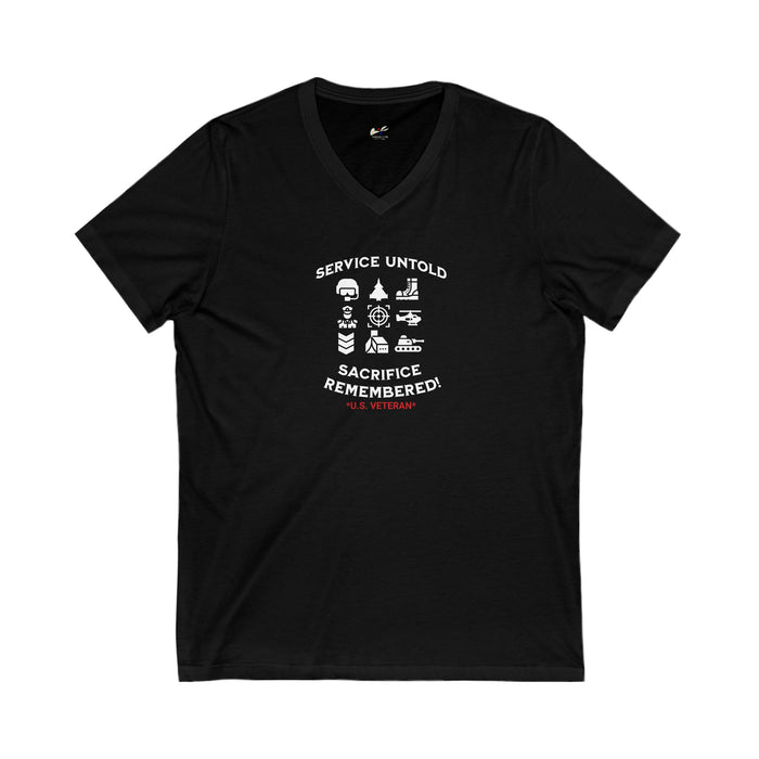 'Service Untold, Sacrifice Remembered! -U.S. Veteran-.' Unisex Jersey Short Sleeve V-Neck Tee.
