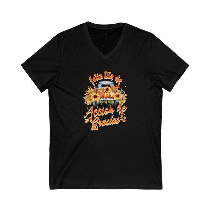 'Feliz Dia de Accion de Gracias' Unisex Jersey Short Sleeve V-Neck Tee.