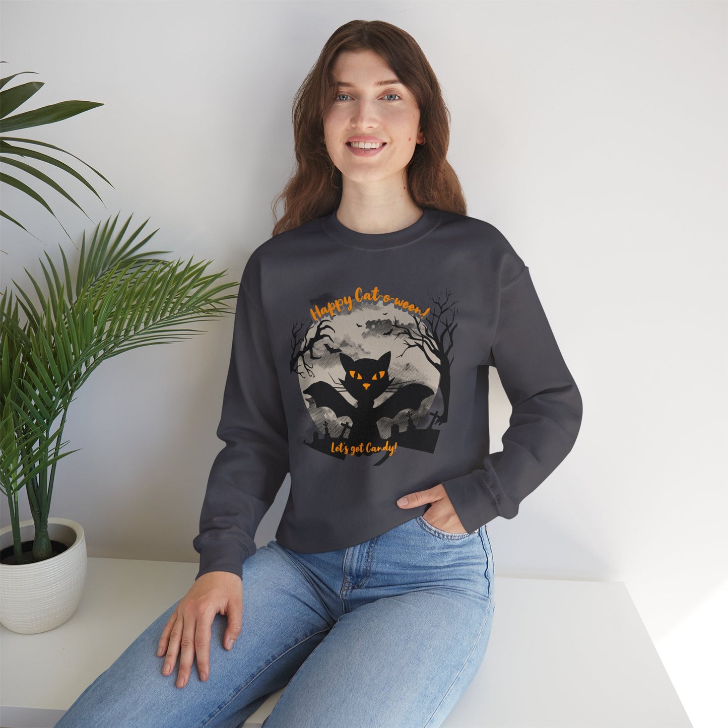 'Happy Cat-o-ween! Let's Get Candy!' Unisex Heavy Blend™ Crewneck Sweatshirt.