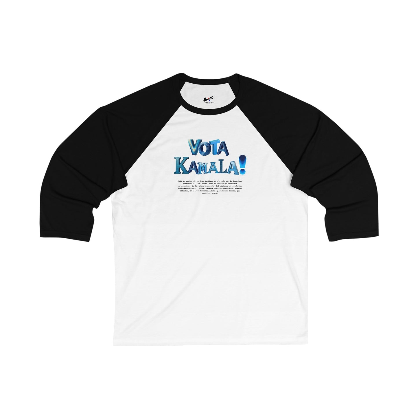 'Vota Kamala! Vota en contra de La Gran Mentira, de dictaduras, de immunidad presidencial, del acoso, Vota en contra de conductas criminales...' Unisex 3\4 Sleeve Baseball Tee