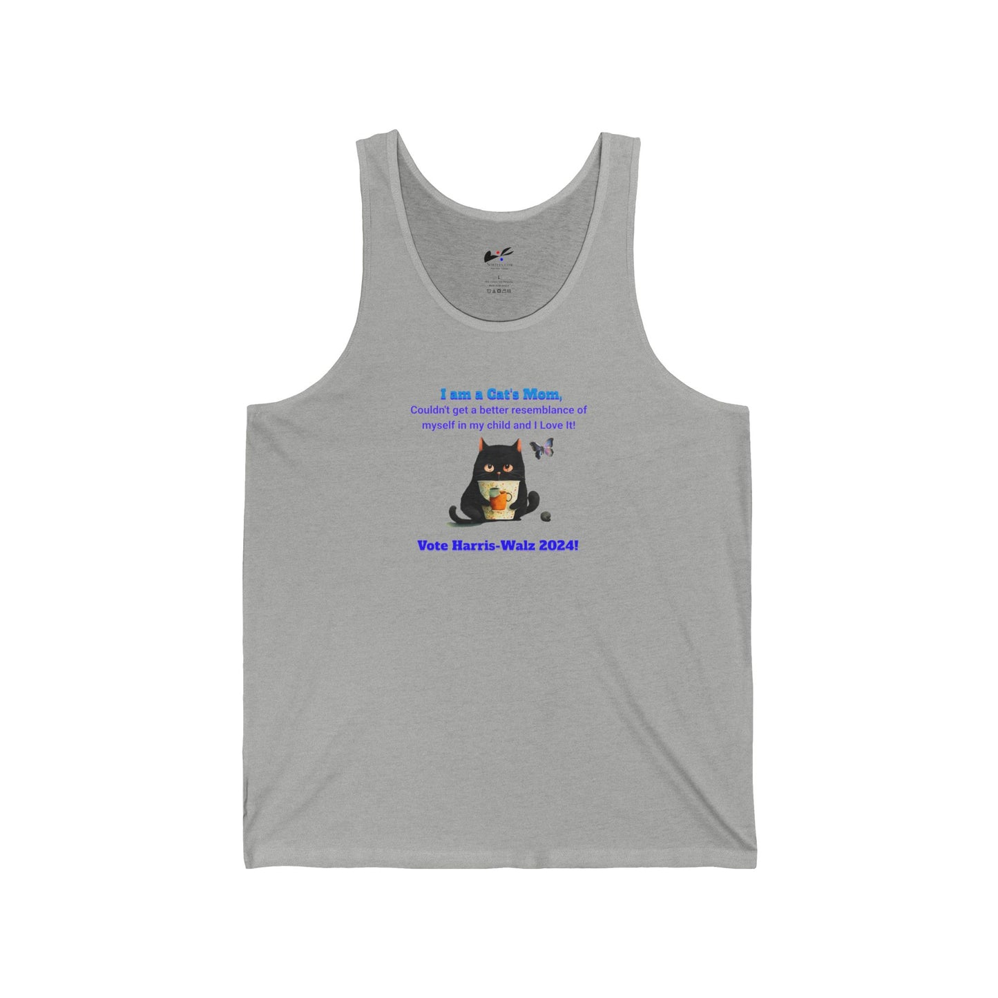 'I am a Cat's Mom, Couldn't Get A Better Resemblance of Myself in My Child and I Love It!...Vote Harris - Walz 2024!' Unisex Jersey Tank.