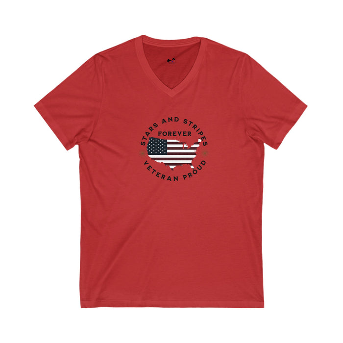 'Stars and Stripes Forever  -Veteran Proud-'. Unisex Jersey Short Sleeve V-Neck Tee.