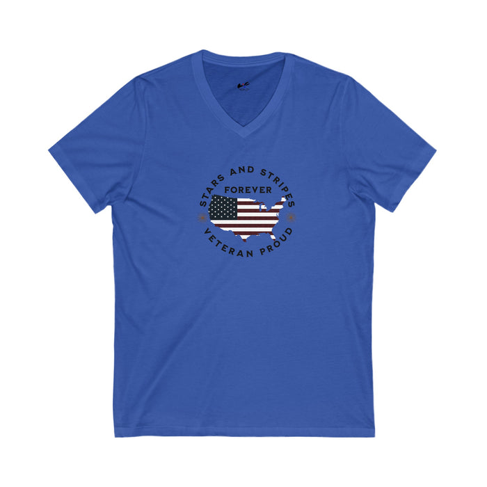 'Stars and Stripes Forever  -Veteran Proud-'. Unisex Jersey Short Sleeve V-Neck Tee.