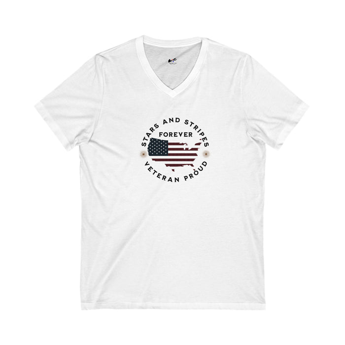 'Stars and Stripes Forever  -Veteran Proud-'. Unisex Jersey Short Sleeve V-Neck Tee.