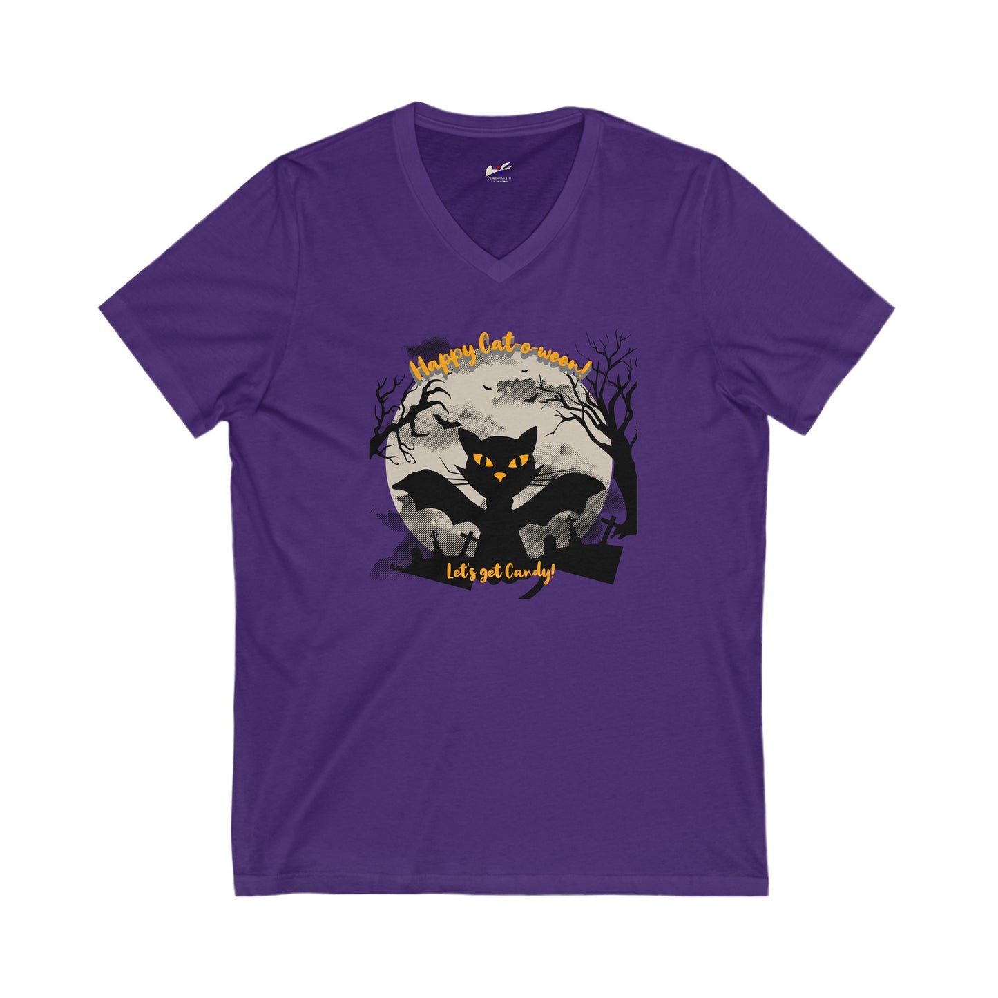 'Happy Cat-o-ween! Let's Get Candy! Unisex Jersey Short Sleeve V-Neck Tee.