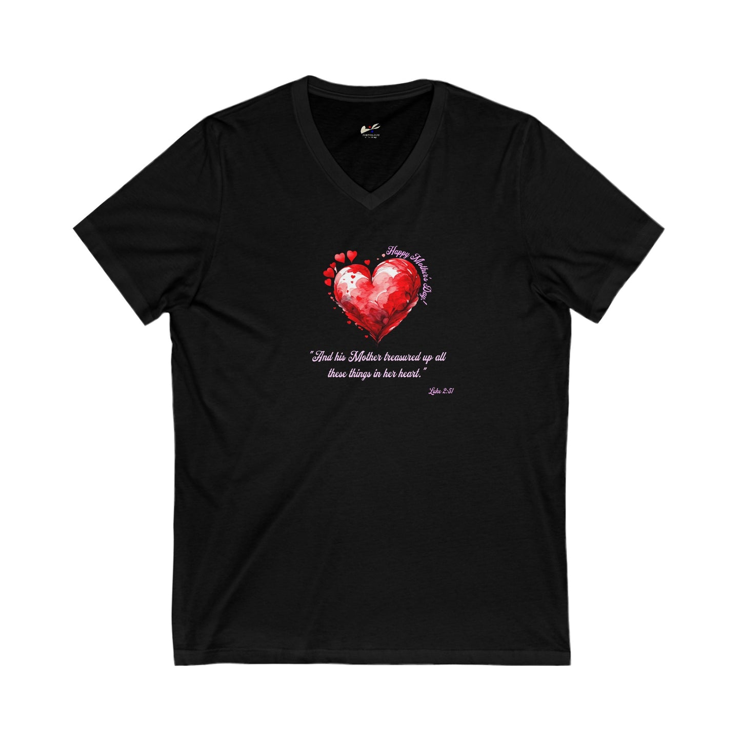 'Happy Mother's Day! "And His Mother Treasured Up All These Things in Her Heart"   Luke 2:51'  Unisex Jersey Short Sleeve V-Neck Tee.