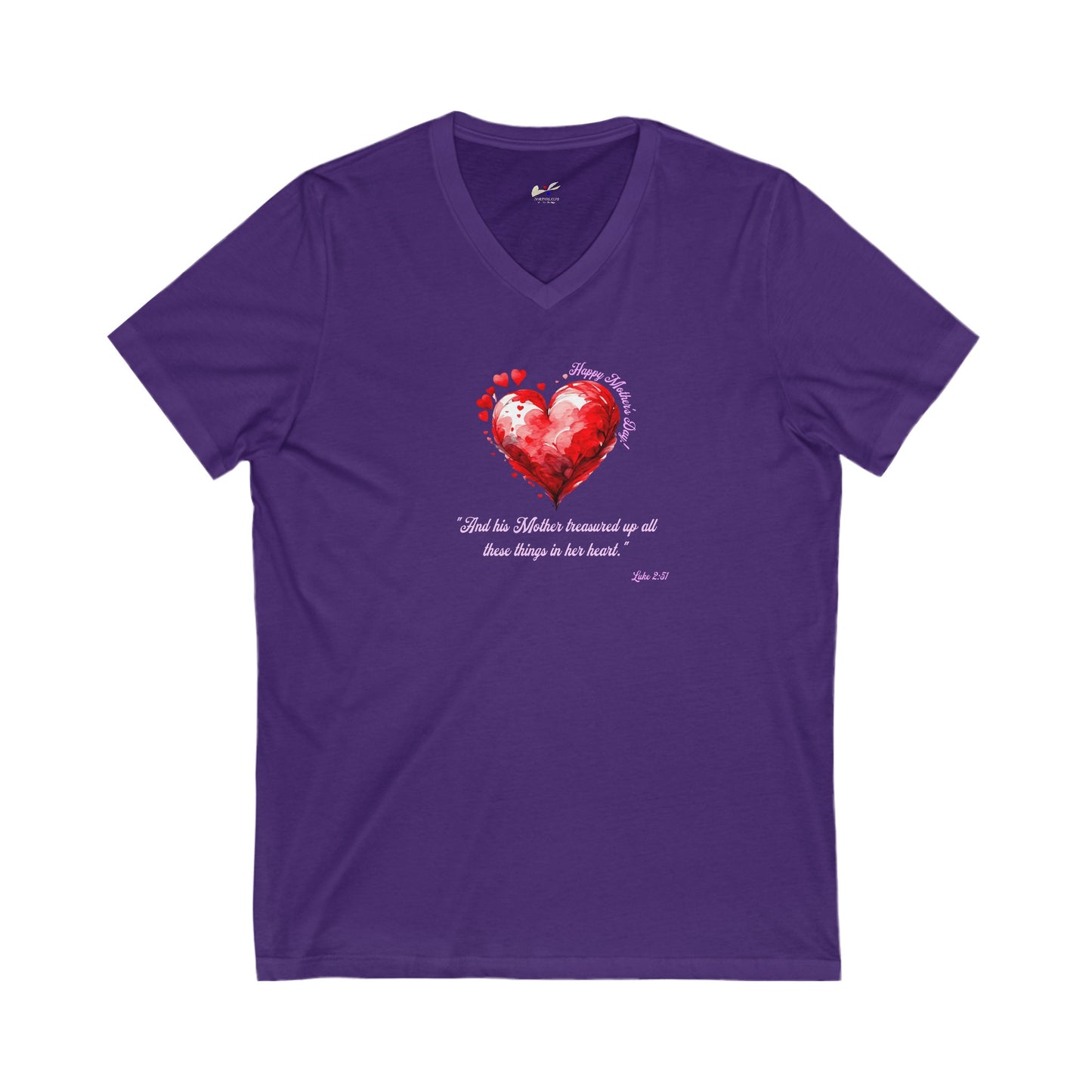 'Happy Mother's Day! "And His Mother Treasured Up All These Things in Her Heart"   Luke 2:51'  Unisex Jersey Short Sleeve V-Neck Tee.