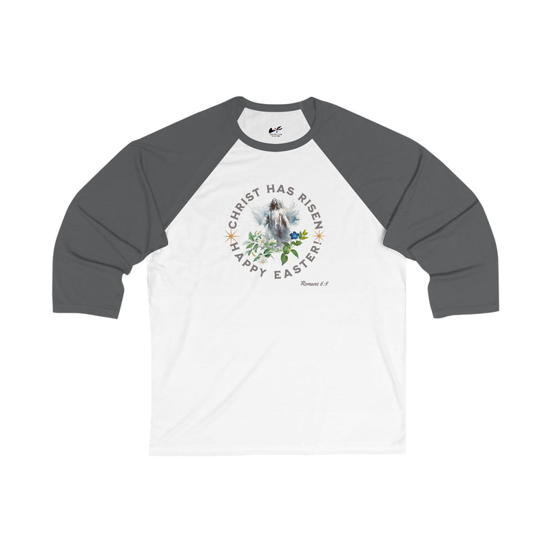 "Christ has Risen" Happy Easter!' Romans 6:9 Unisex 3\4 Sleeve Baseball Tee.