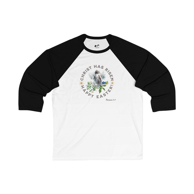 "Christ has Risen" Happy Easter!' Romans 6:9 Unisex 3\4 Sleeve Baseball Tee.