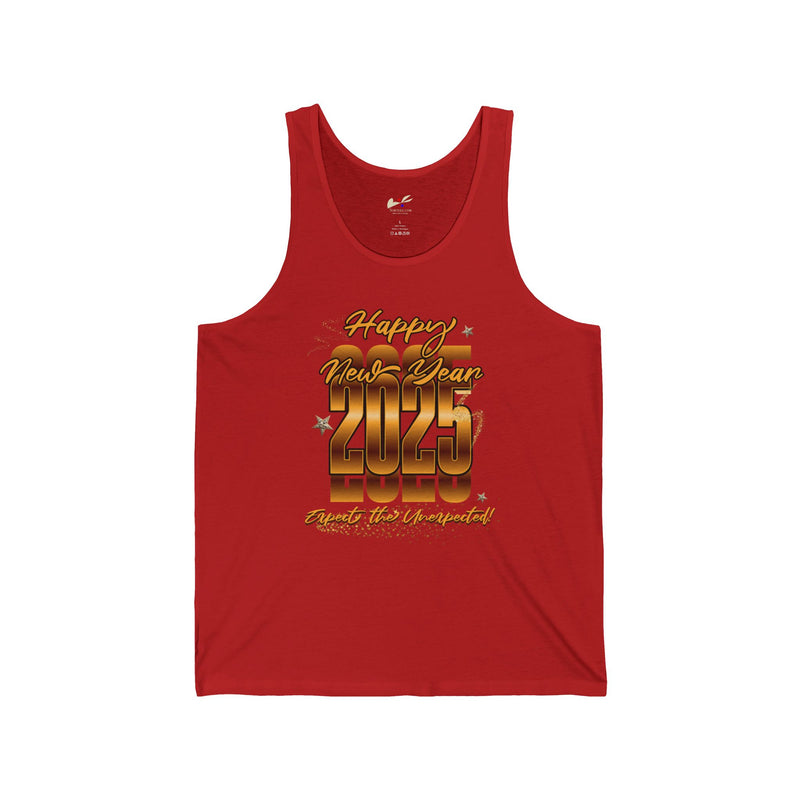 'Happy New Year 2025, Expect The Unexpected' Unisex Jersey Tank.