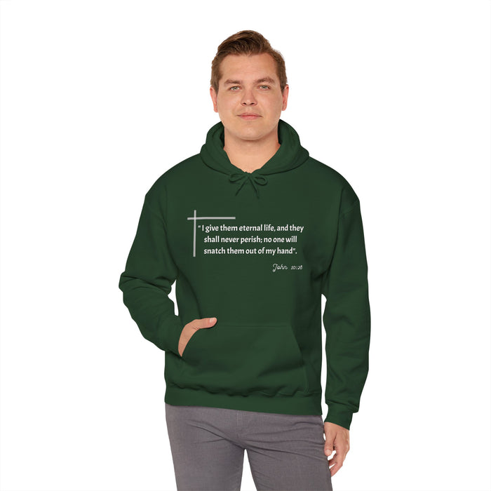 I give them eternal life and they shall never perish; no one will snatch them out of my hand". John 10:28  Unisex Heavy Blend™ Hooded Sweatshirt.