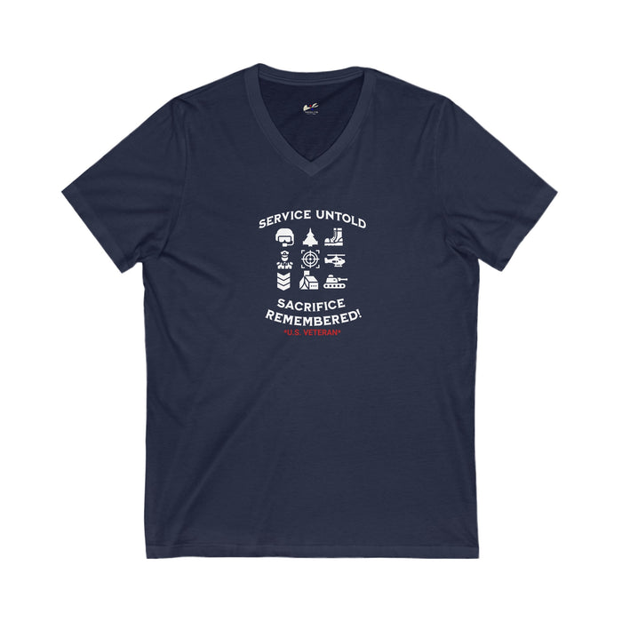 'Service Untold, Sacrifice Remembered! -U.S. Veteran-.' Unisex Jersey Short Sleeve V-Neck Tee.