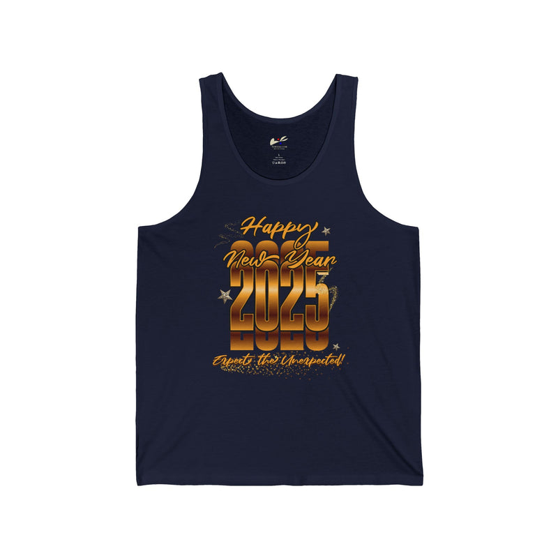 'Happy New Year 2025, Expect The Unexpected' Unisex Jersey Tank.