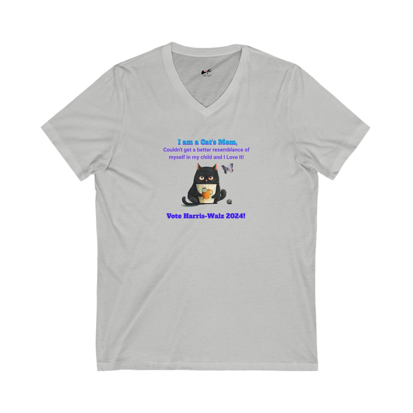 'I am a Cat's Mom, Couldn't Get a Better Resemblance of Myself in My Child and I Love It!...Vote Harris - Walz 2024!' Unisex Jersey Short Sleeve V-Neck Tee