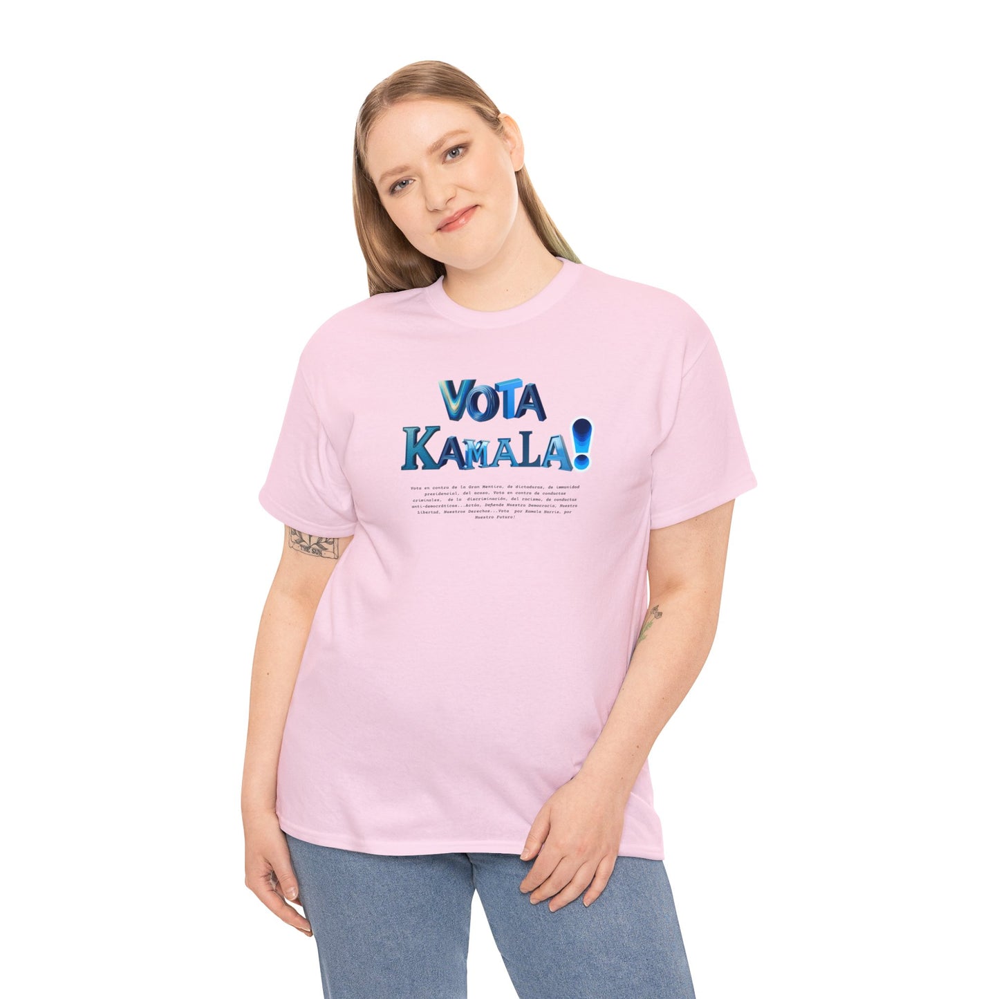 'Vota Kamala!, Vota en contra de la Gran Mentira, de dictaduras, de immunidad presidencial,  del acoso, Vota en contra de conductas criminales...' Unisex Heavy Cotton Tee