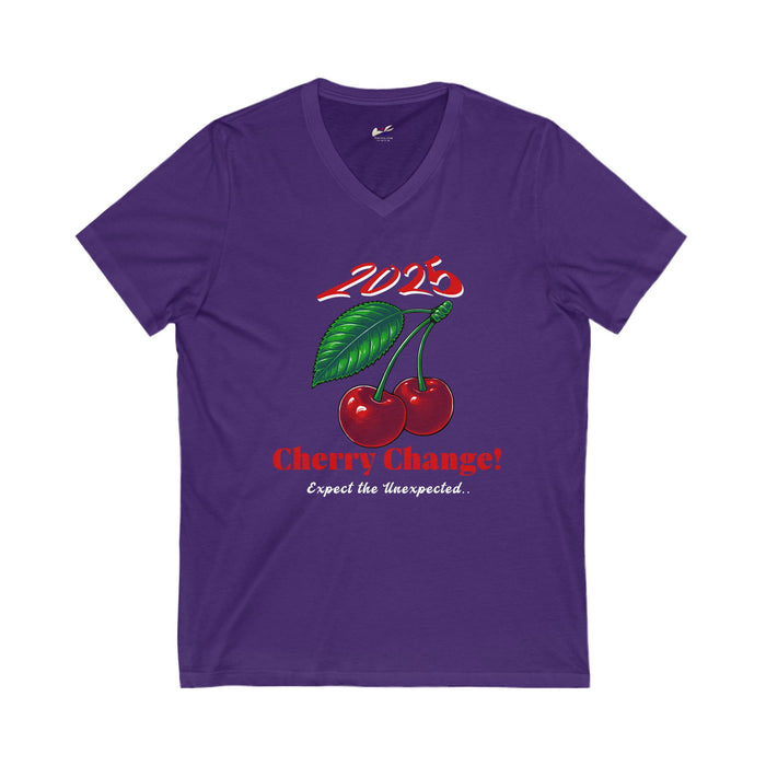 '2025 Cherry Change? Expect The Unexpected' Unisex Jersey Short Sleeve V-Neck Tee.