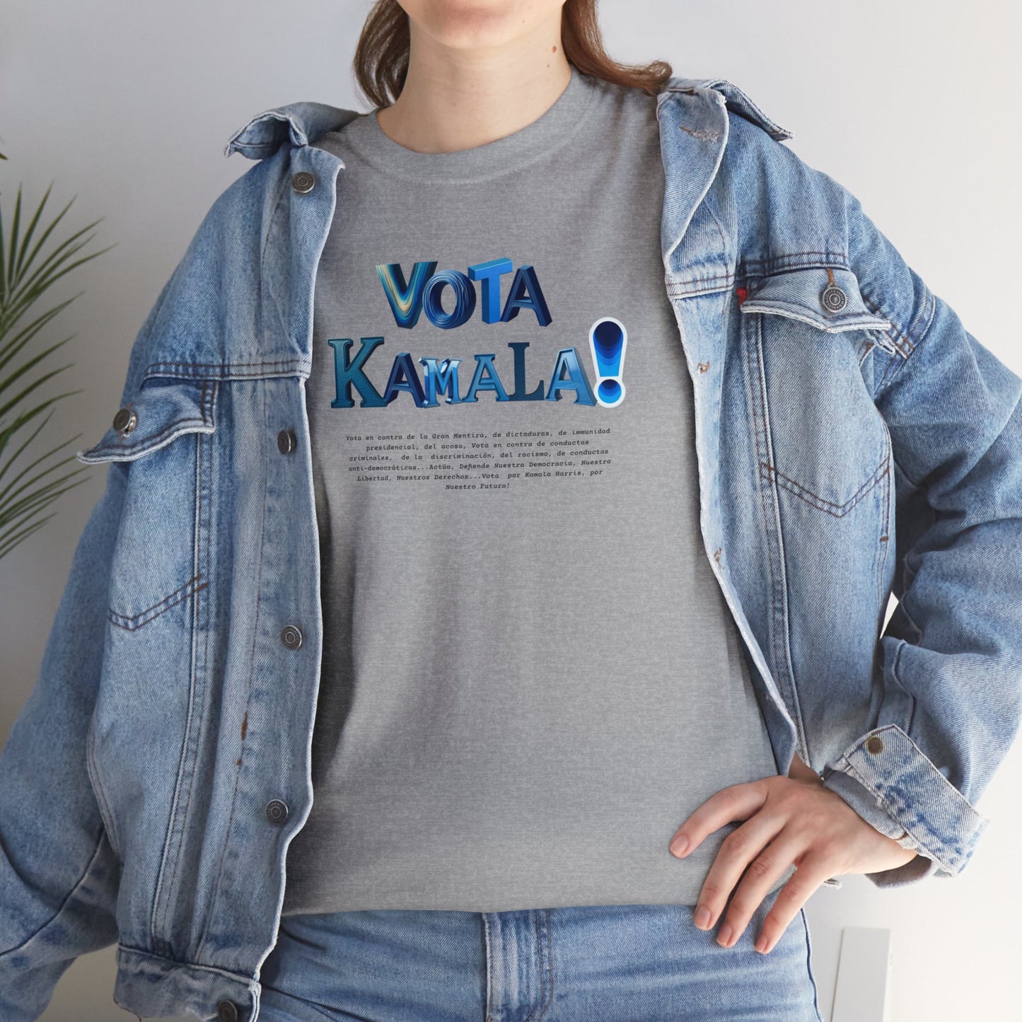 'Vota Kamala!, Vota en contra de la Gran Mentira, de dictaduras, de immunidad presidencial,  del acoso, Vota en contra de conductas criminales...' Unisex Heavy Cotton Tee