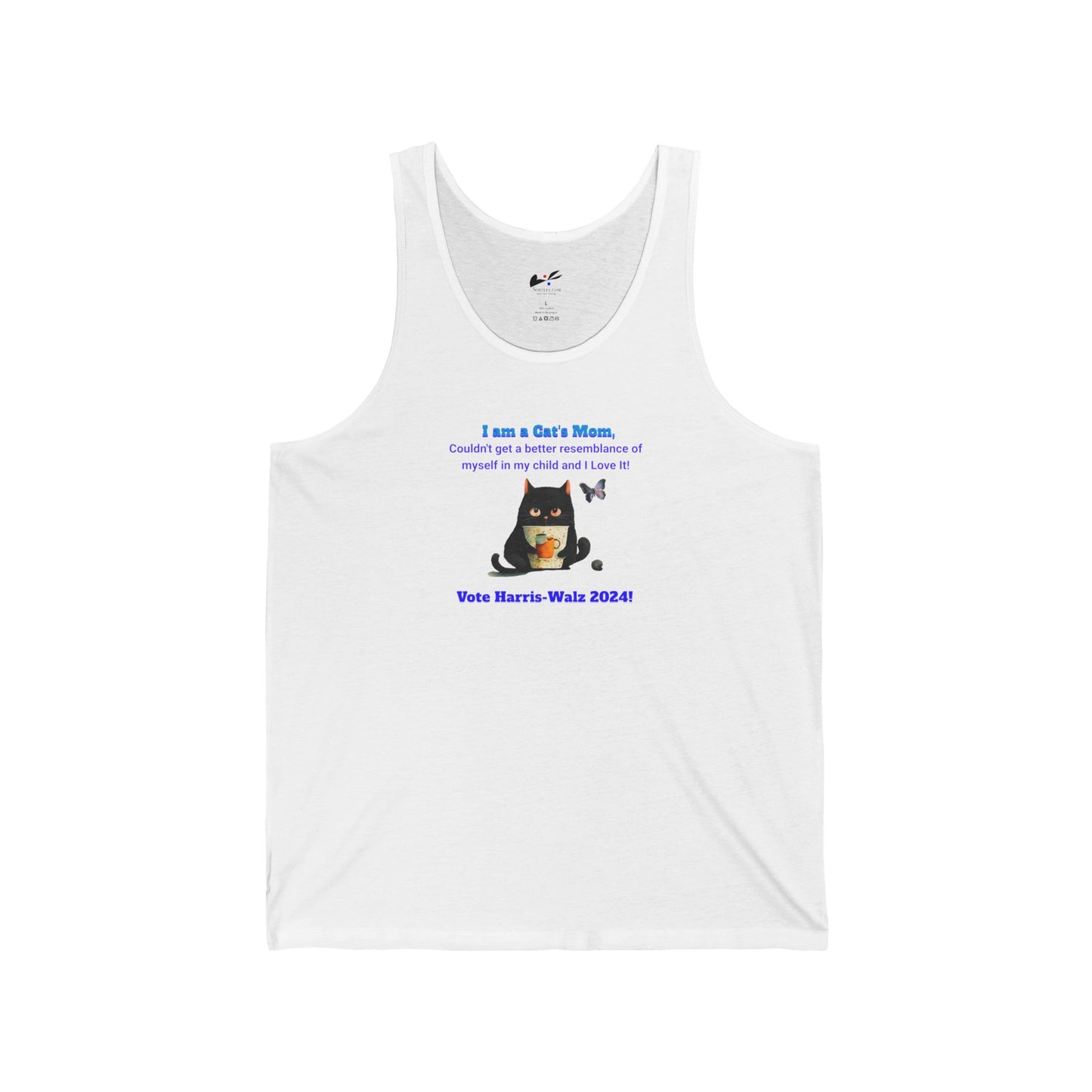 'I am a Cat's Mom, Couldn't Get A Better Resemblance of Myself in My Child and I Love It!...Vote Harris - Walz 2024!' Unisex Jersey Tank.