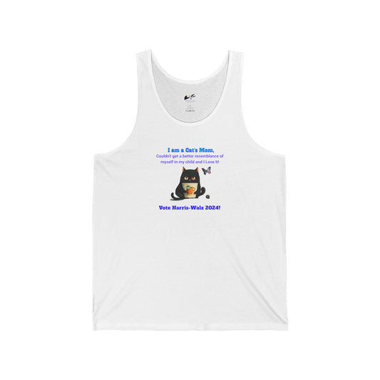 'I am a Cat's Mom, Couldn't Get A Better Resemblance of Myself in My Child and I Love It!...Vote Harris - Walz 2024!' Unisex Jersey Tank.