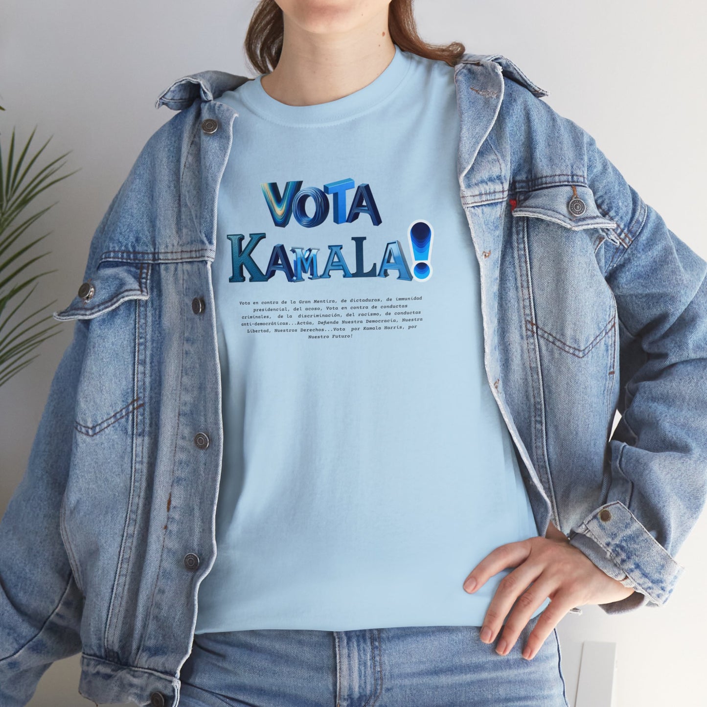 'Vota Kamala!, Vota en contra de la Gran Mentira, de dictaduras, de immunidad presidencial,  del acoso, Vota en contra de conductas criminales...' Unisex Heavy Cotton Tee