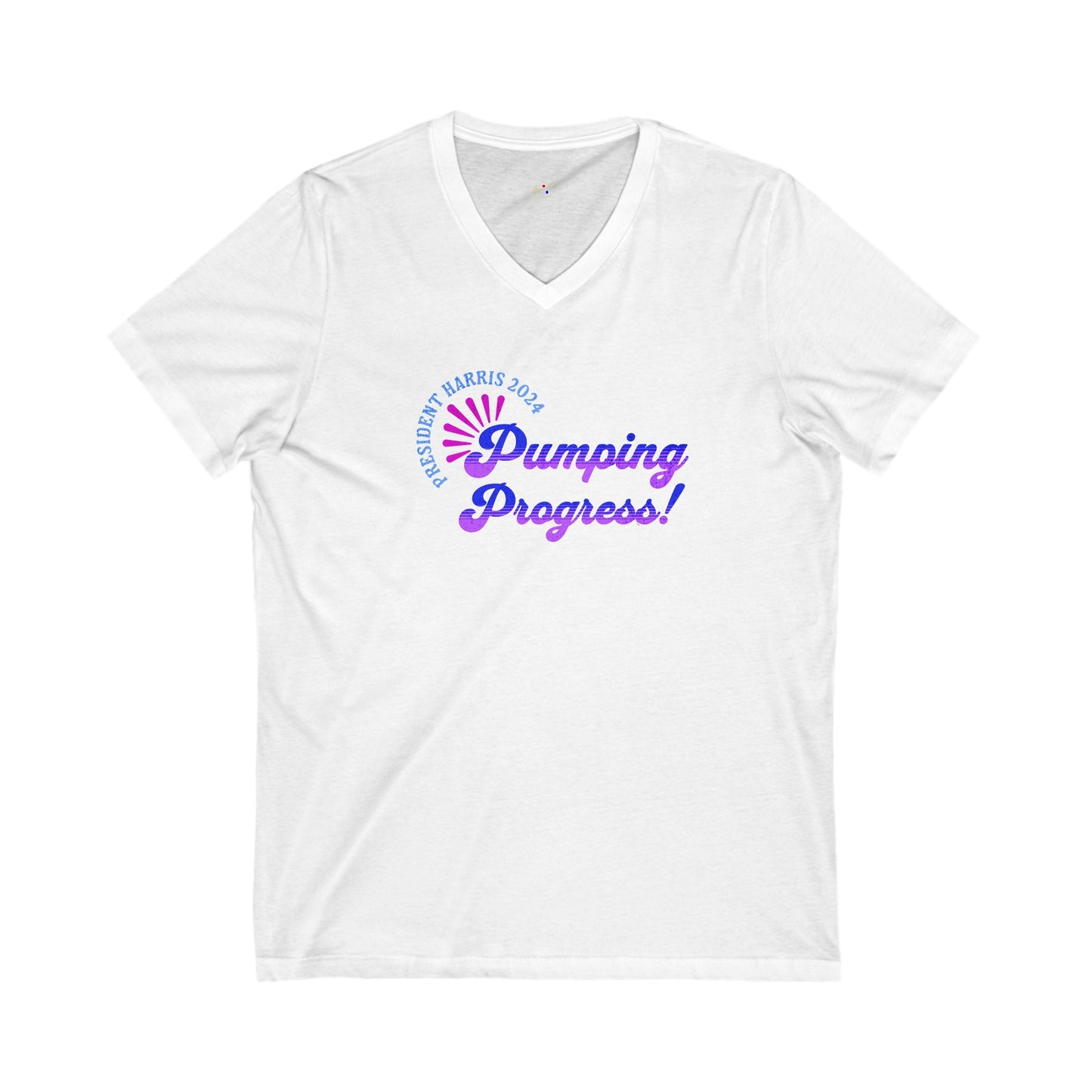 'President Harris 2024. Pumping Progress!'.  Unisex Jersey Short Sleeve V-Neck Tee.