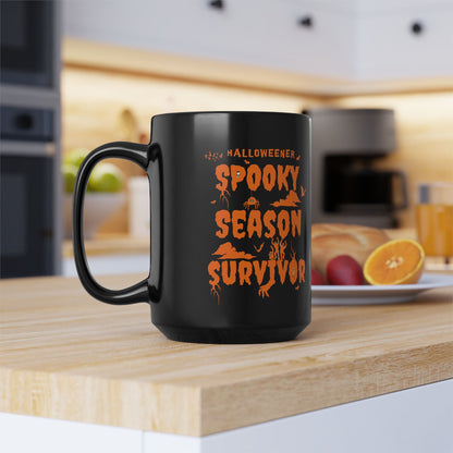 'Halloweener- Spooky Season Survivor' Black Mug. (15oz)