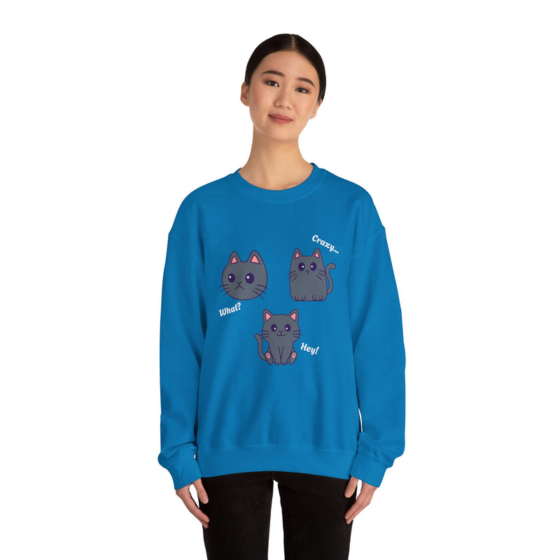 'What?, Crazy..., Hey! Cat Unisex Heavy Blend™ Crewneck Sweatshirt.