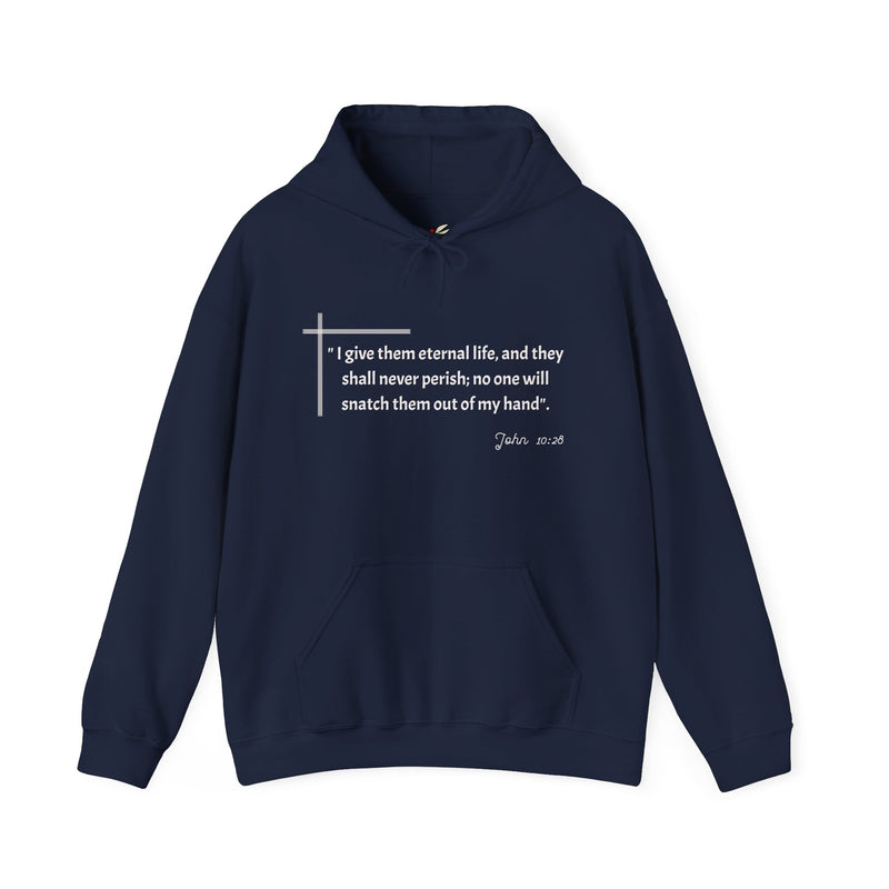 I give them eternal life and they shall never perish; no one will snatch them out of my hand". John 10:28  Unisex Heavy Blend™ Hooded Sweatshirt.