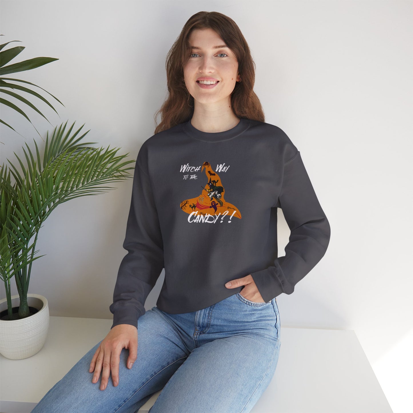 'Witch way to the Candy?!' Unisex Heavy Blend™ Crewneck Sweatshirt.