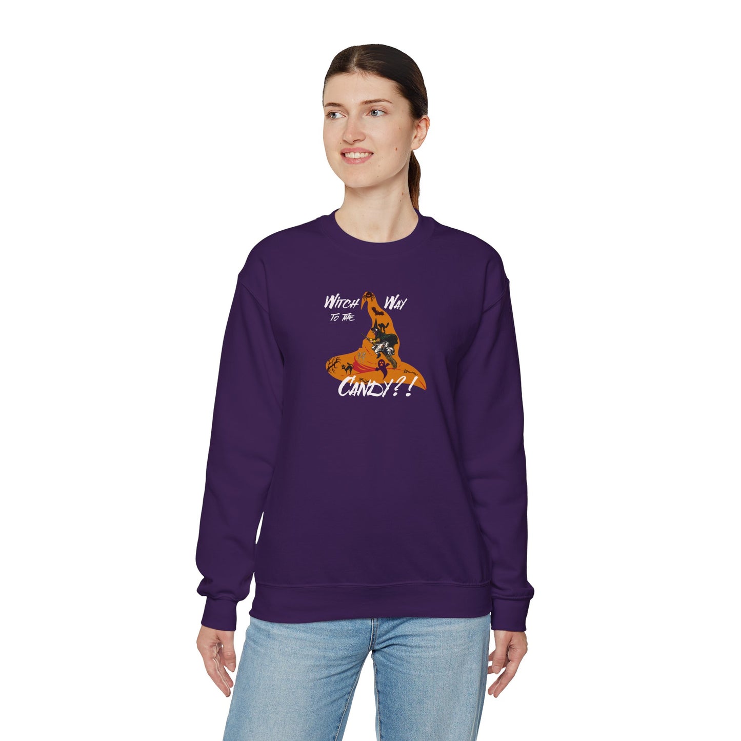 'Witch way to the Candy?!' Unisex Heavy Blend™ Crewneck Sweatshirt.