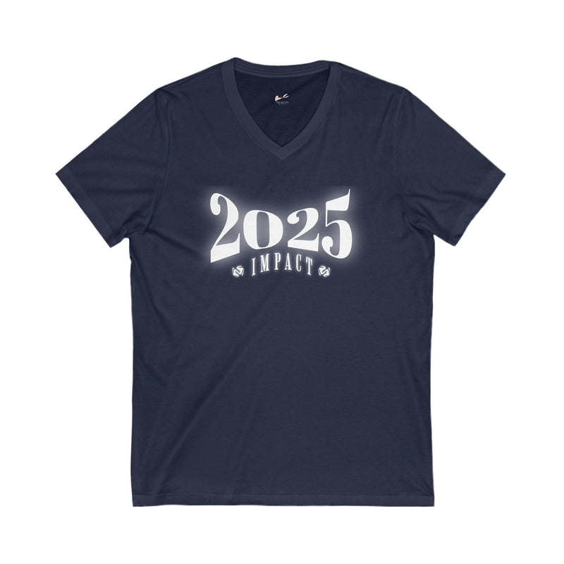 '2025 Impact' Unisex Jersey Short Sleeve V-Neck Tee.