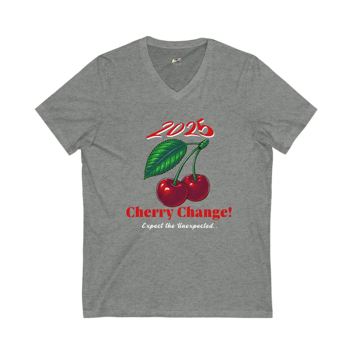 '2025 Cherry Change? Expect The Unexpected' Unisex Jersey Short Sleeve V-Neck Tee.