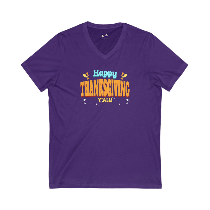 'Happy Thanksgiving Y'all' Unisex Jersey Short Sleeve V-Neck Tee.
