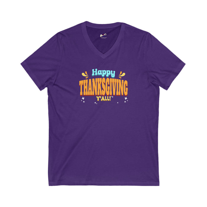 'Happy Thanksgiving Y'all' Unisex Jersey Short Sleeve V-Neck Tee.