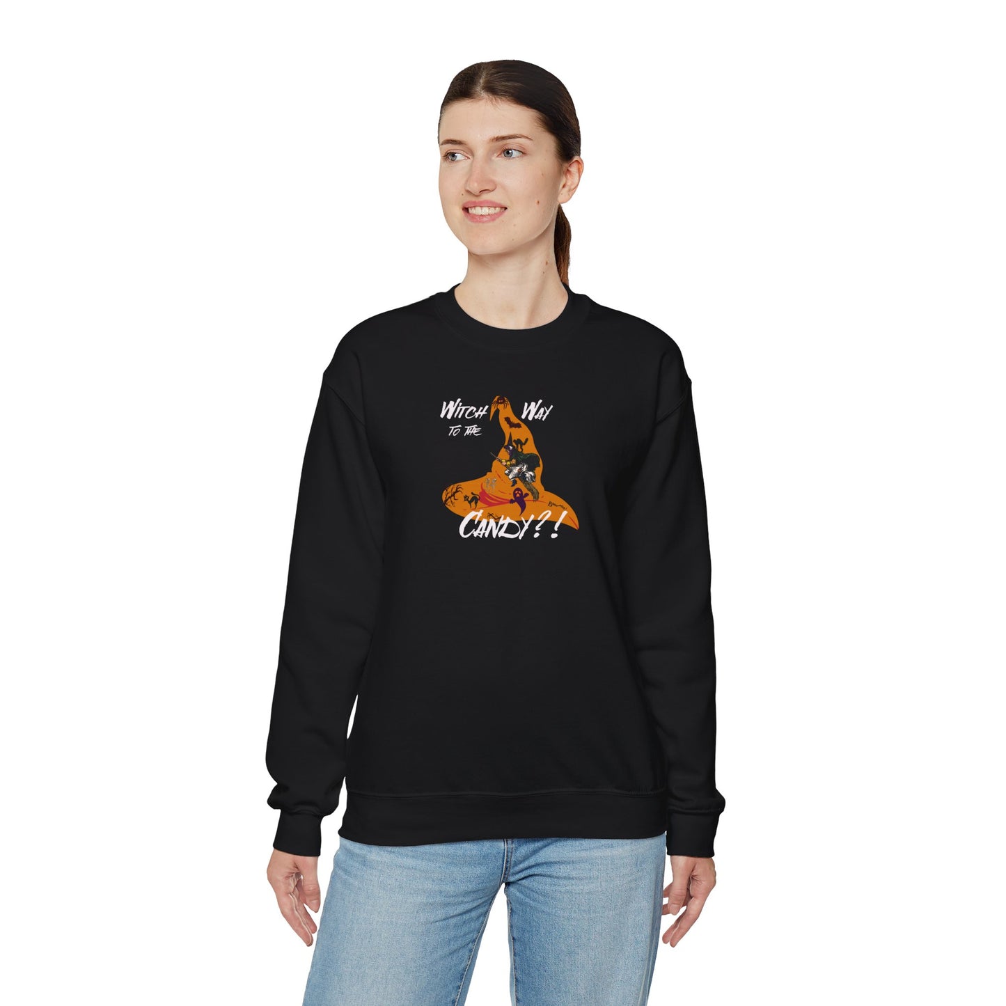 'Witch way to the Candy?!' Unisex Heavy Blend™ Crewneck Sweatshirt.