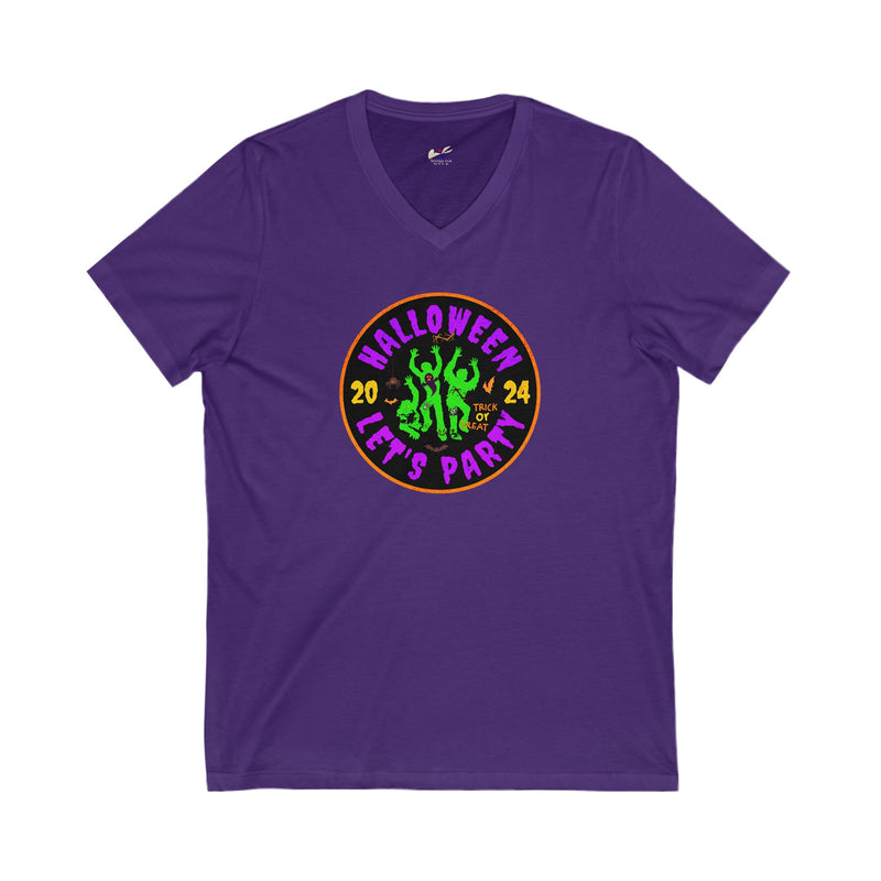 'Halloween 2024-Let's Party' Unisex Jersey Short Sleeve V-Neck Tee.