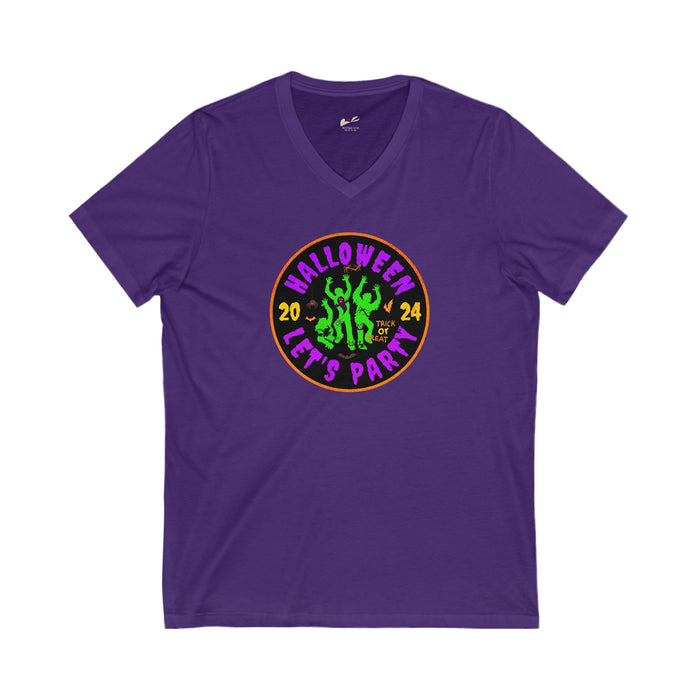 'Halloween 2024-Let's Party' Unisex Jersey Short Sleeve V-Neck Tee.