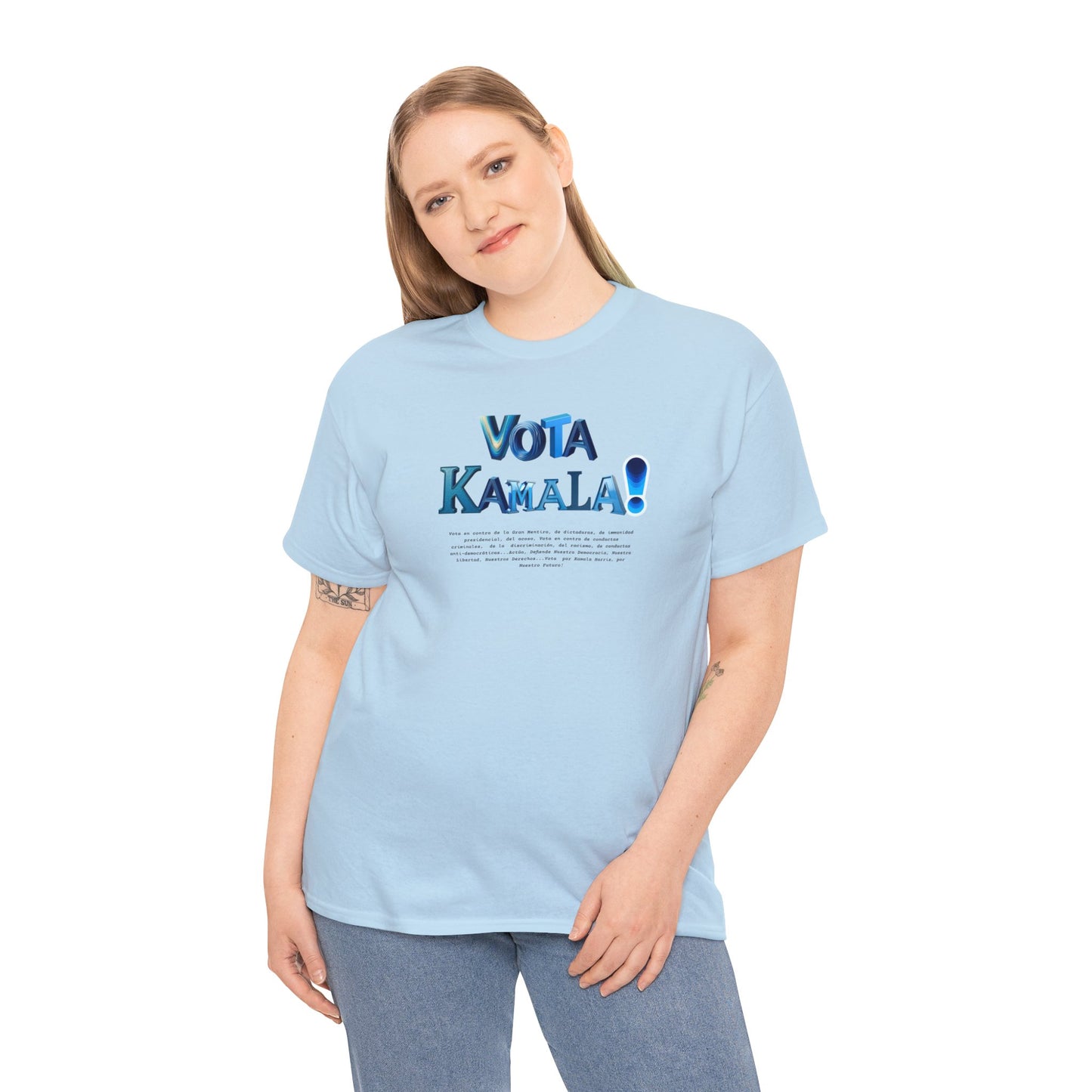 'Vota Kamala!, Vota en contra de la Gran Mentira, de dictaduras, de immunidad presidencial,  del acoso, Vota en contra de conductas criminales...' Unisex Heavy Cotton Tee