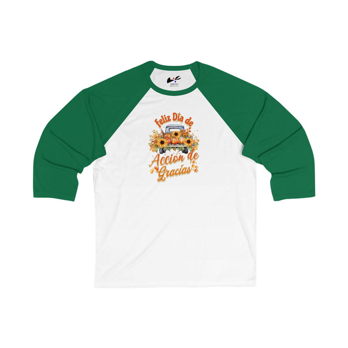 'Feliz Dia de Accion de Gracias' Unisex 3\4 Sleeve Baseball Tee.
