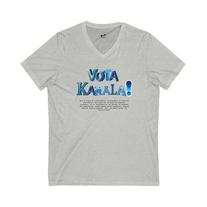 'Vota Kamala! Vota en contra de La Gran Mentira, de dictaduras, de immunidad presidencial,  del acoso, Vota en contra de conductas criminales...'  Unisex Jersey Short Sleeve V-Neck Tee