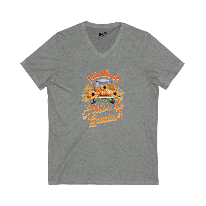 'Feliz Dia de Accion de Gracias' Unisex Jersey Short Sleeve V-Neck Tee.