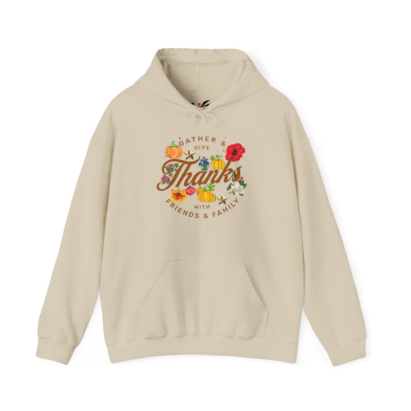 Gather and Give Thanks with Friends and Family' Unisex Heavy Blend™ Hooded Sweatshirt.