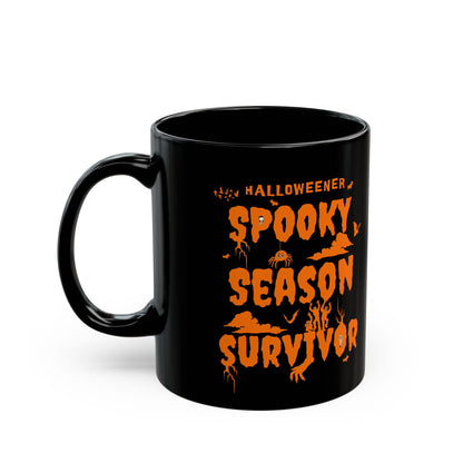 'Halloweener- Spooky Season Survivor' Black Mug. (15oz)