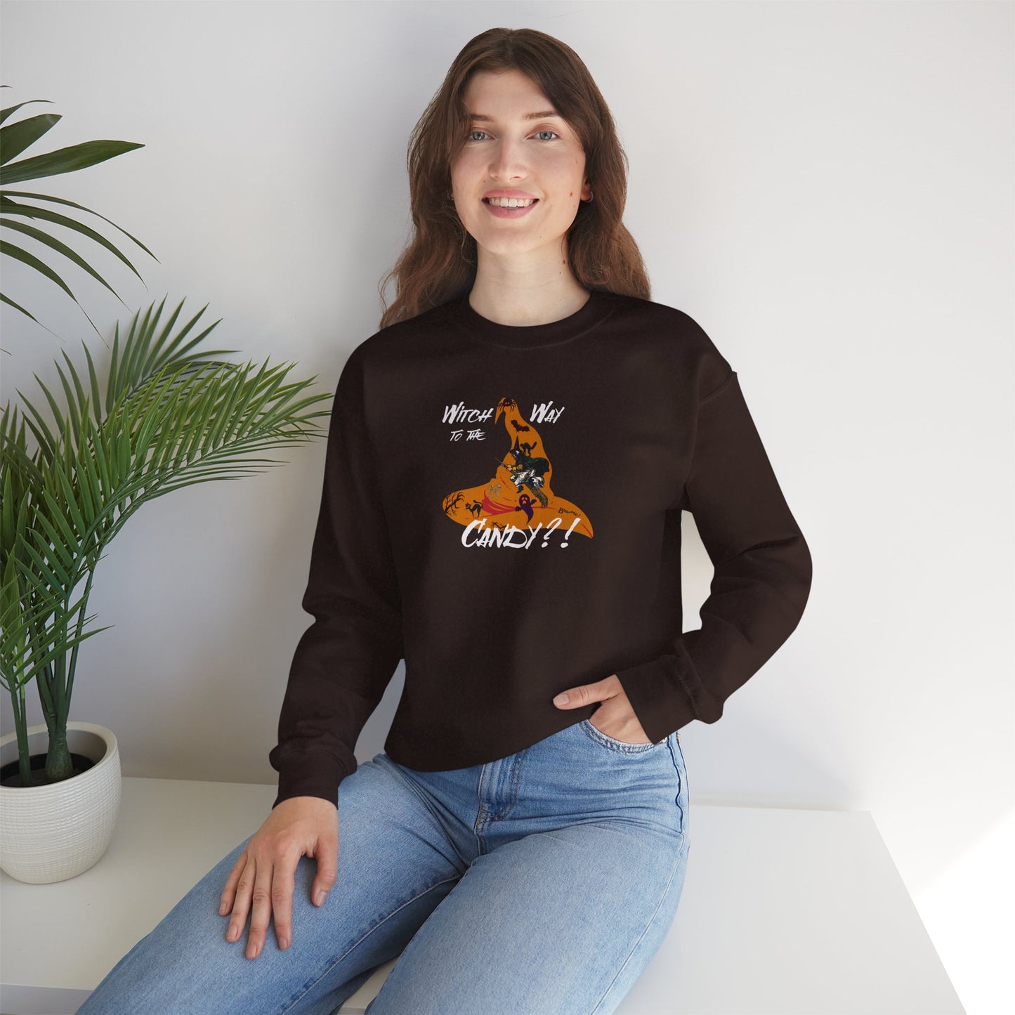 'Witch way to the Candy?!' Unisex Heavy Blend™ Crewneck Sweatshirt.