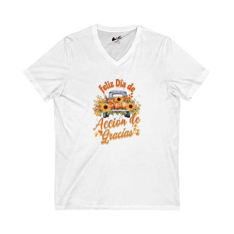 'Feliz Dia de Accion de Gracias' Unisex Jersey Short Sleeve V-Neck Tee.