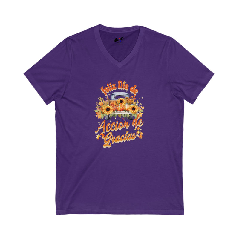 'Feliz Dia de Accion de Gracias' Unisex Jersey Short Sleeve V-Neck Tee.