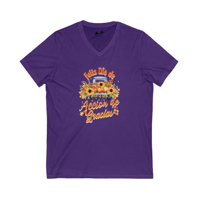 'Feliz Dia de Accion de Gracias' Unisex Jersey Short Sleeve V-Neck Tee.