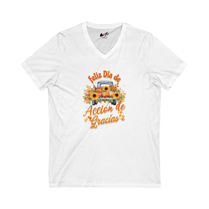 'Feliz Dia de Accion de Gracias' Unisex Jersey Short Sleeve V-Neck Tee.