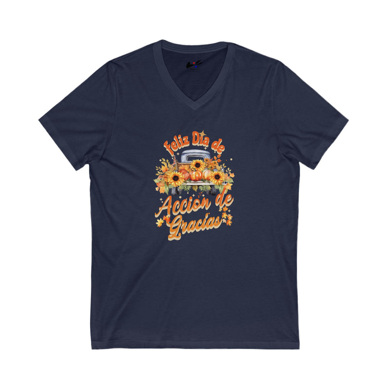 'Feliz Dia de Accion de Gracias' Unisex Jersey Short Sleeve V-Neck Tee.