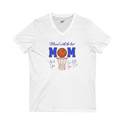 'Blessed With The Best Mom, Thank You For All You Do!' Unisex Jersey Short Sleeve V-Neck Tee.